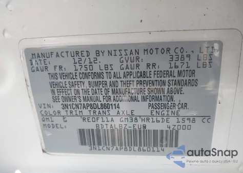 2013 Nissan Versa 1.6 Sv from USA, damaged, VIN 3N1CN7AP8DL860114